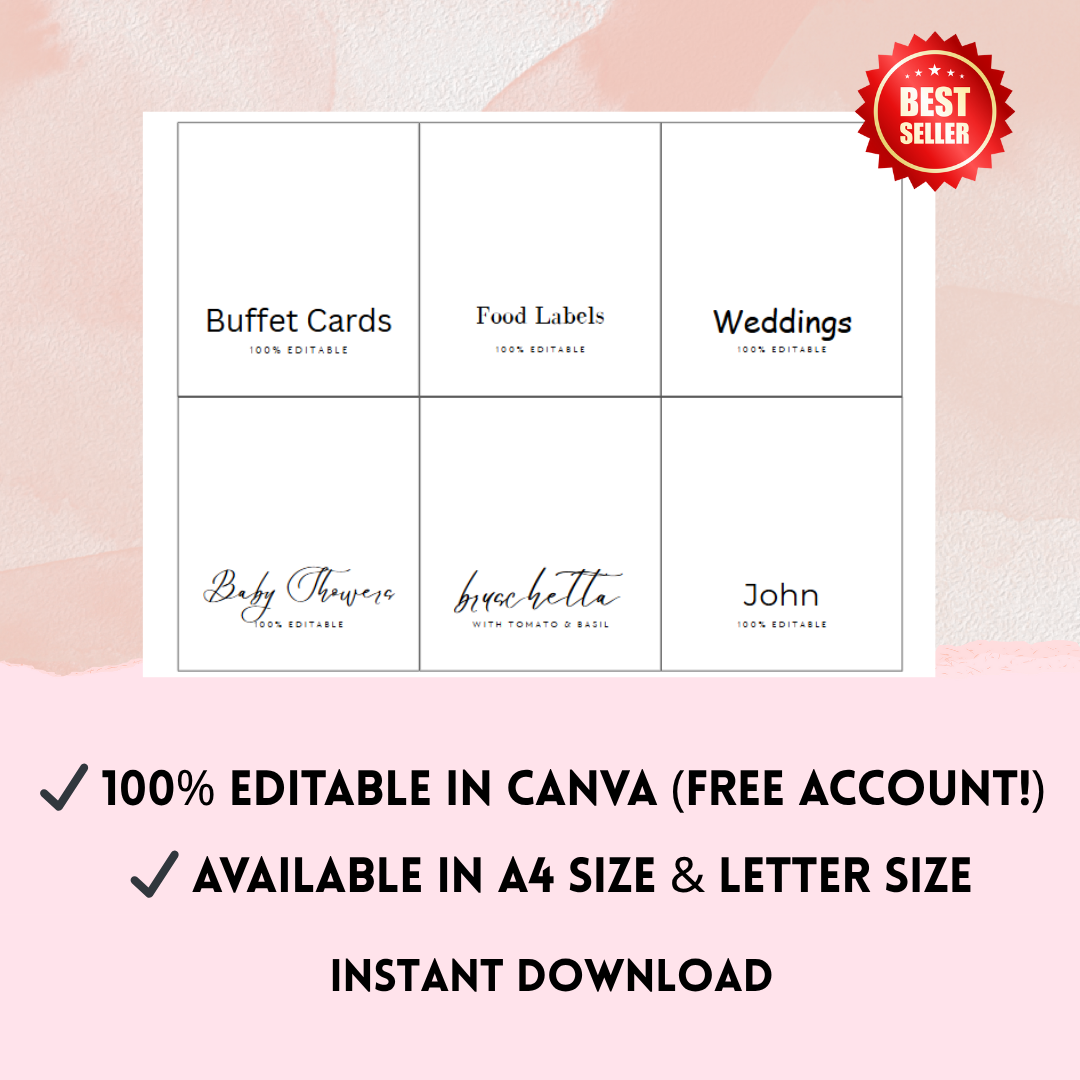 Minimalist Foldable Food Labels | Buffet Cards Printable | Editable Canva Template | Wedding, Baby Shower, Party Tables Signs | Instant down - Savvy Spot Online