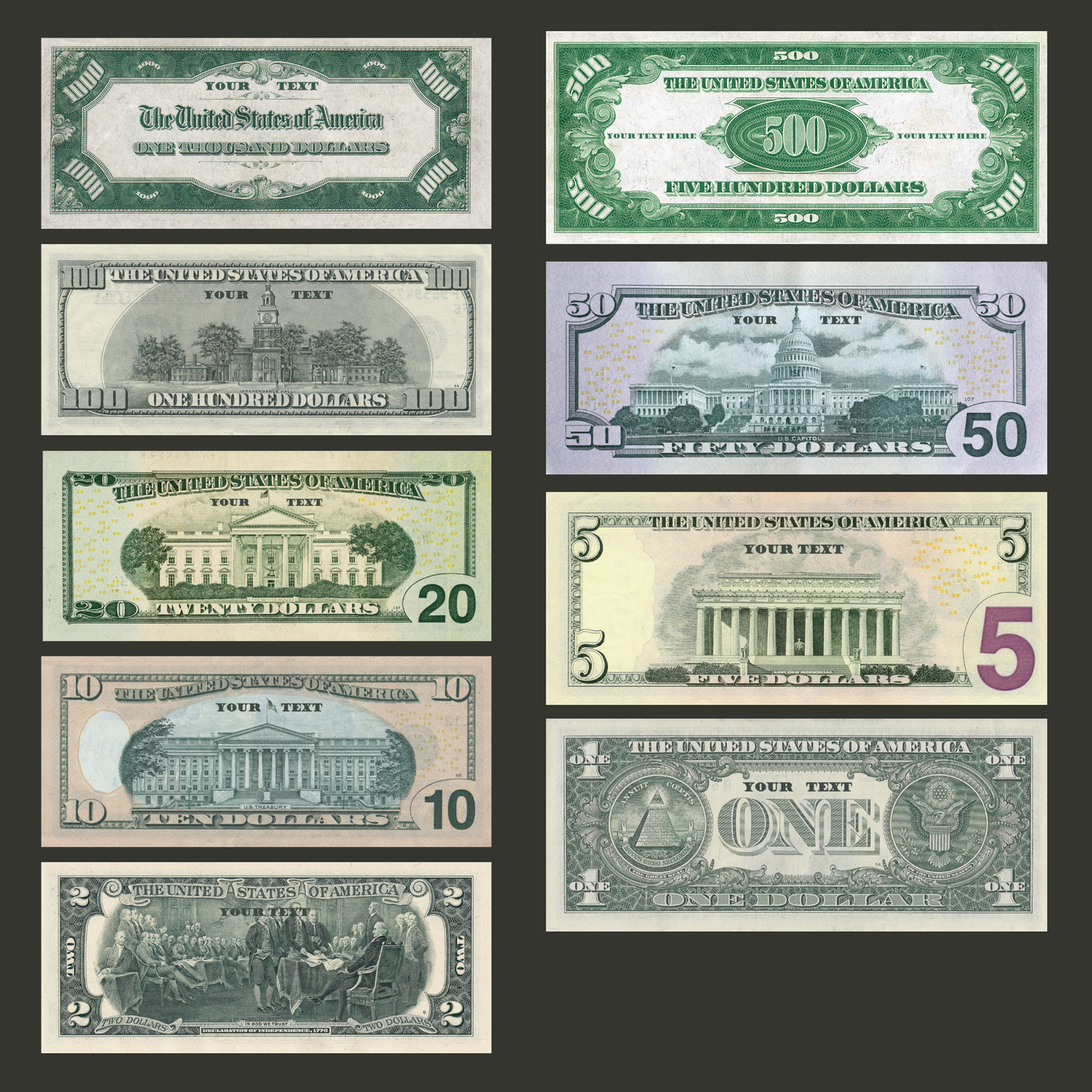 Custom Dollar Bill Template Bundle – 1, 2, 5, 10, 20, 50, 100, 500, 1000 – Editable Face on Money – Canva Printable Download