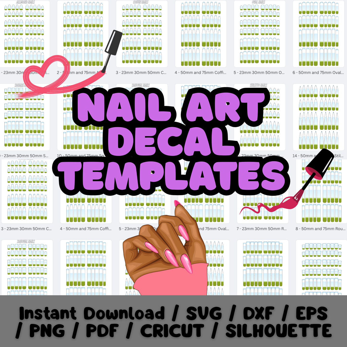 16 Nail Art Decal Canva Templates β Waterslide & Printable Nail Decal Designs, 8 Shapes, Multiple Sizes