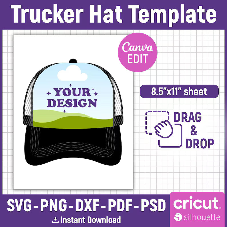 Hat Brim Template SVG | Trucker Hat Template Bundle | Baseball Cap Brim | Canva Hat Template | Cricut Hat SVG | Editable Hat Design