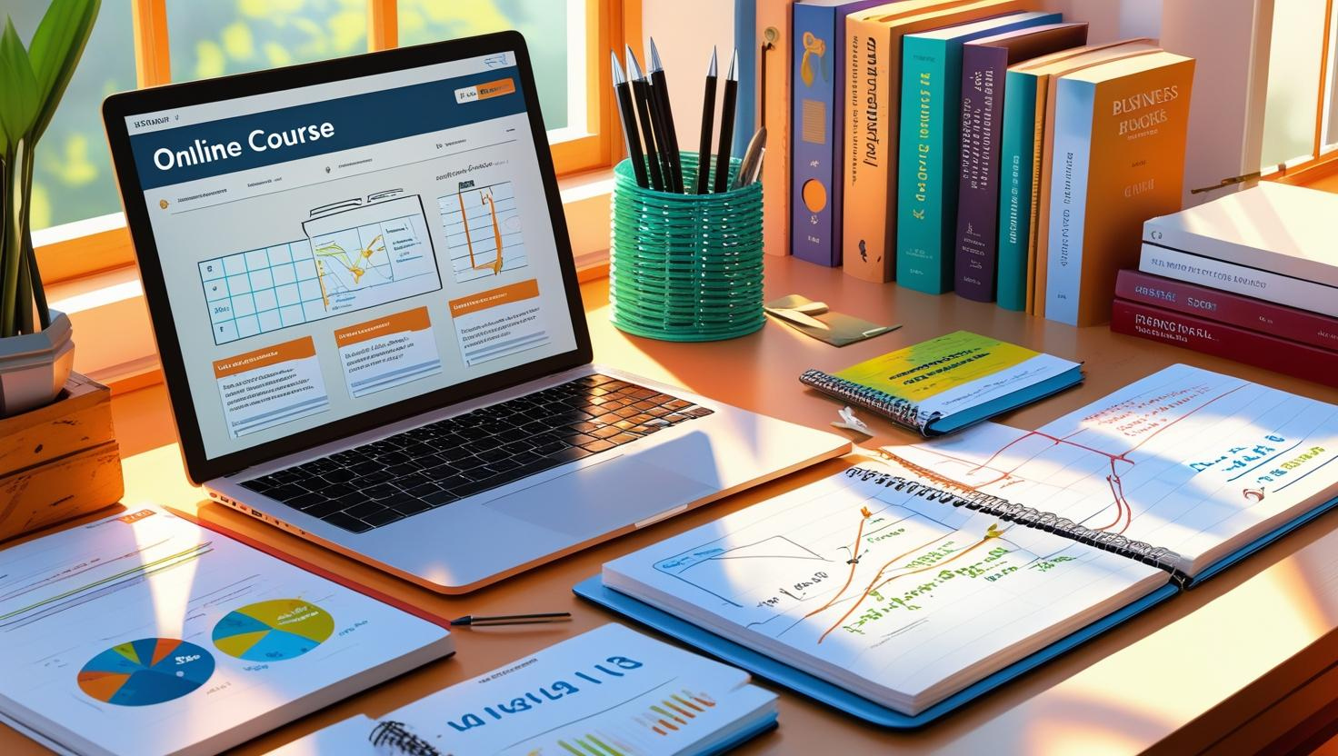 Flat lay of digital business tools including a laptop, course workbook, planner, and smartphone with business growth graphics – perfect for entrepreneurs.