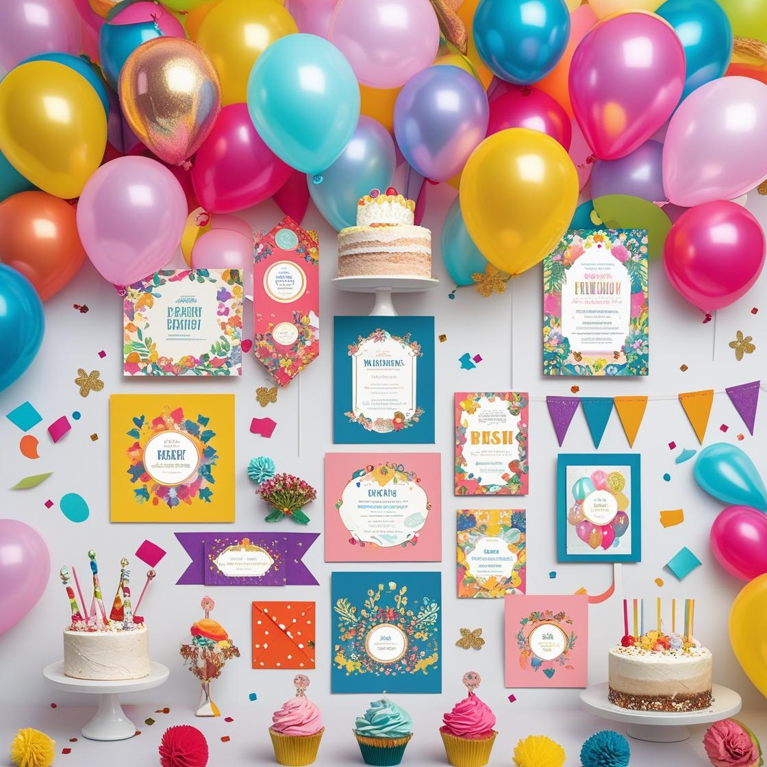 Colorful printable party decor, editable invitations, and games displayed on a desk – perfect for birthdays, weddings, and baby showers.