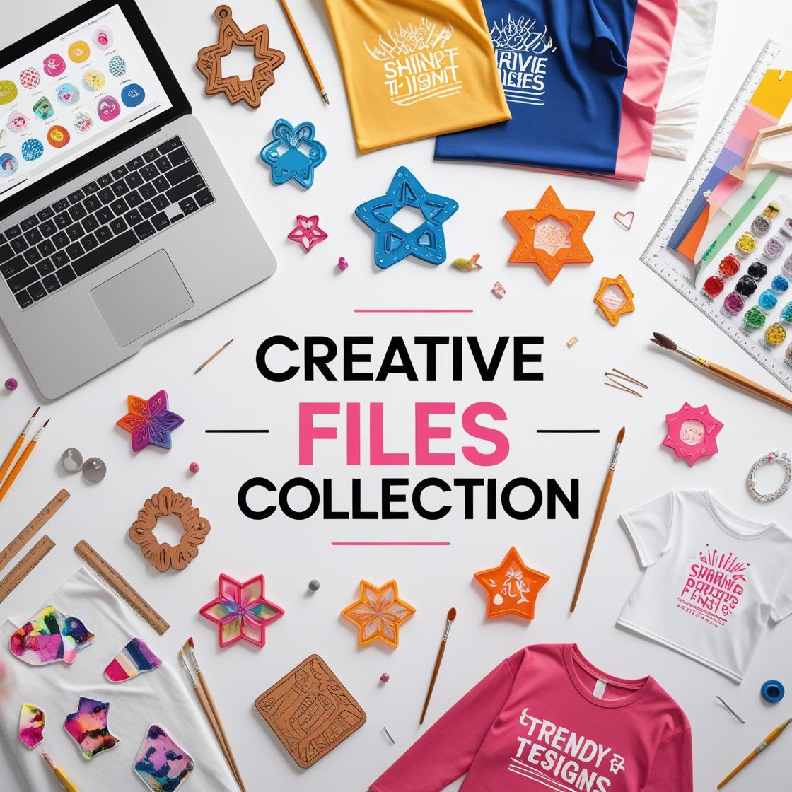 “Flat lay of digital files including SVG cut designs, colorful PNGs, laser-cut wood shapes, mini shrinket charms, and T-shirt design mockups on screen.”