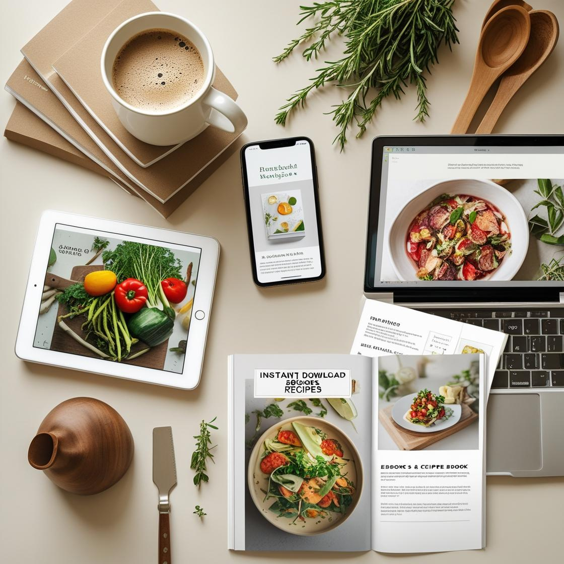 Digital tablet and phone displaying eBook and recipe book pages, surrounded by kitchen items, coffee, and notepad — perfect for instant download and printing.