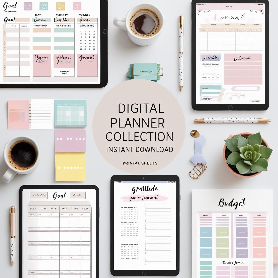 Digital tablet and printed pages showing planners, habit trackers, and gratitude journals on a desk with pens, coffee, and plants — perfect for daily use.
