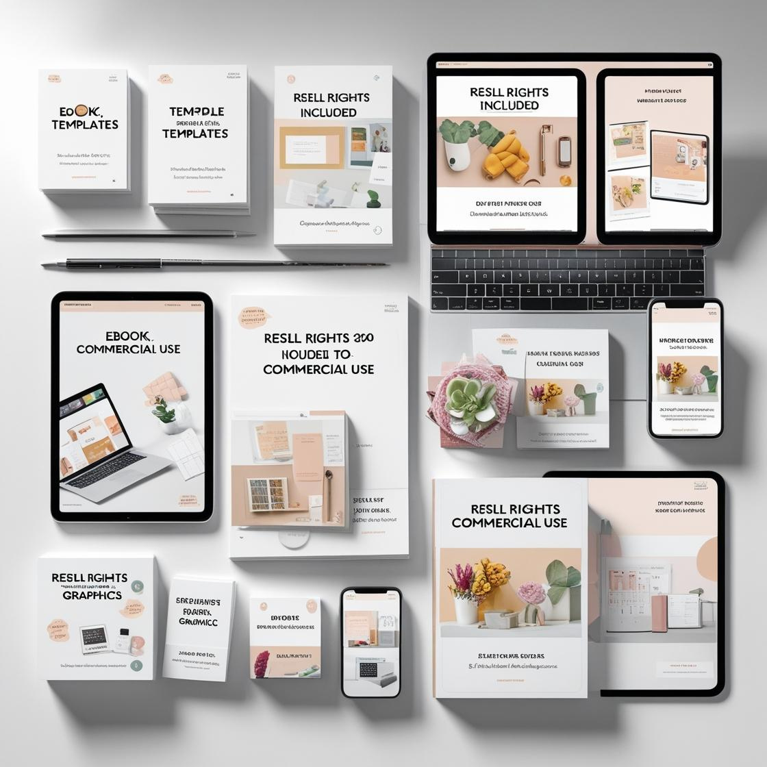 Digital product bundles displayed on laptop and tablet screens, with labels for resell and commercial rights, surrounded by planners and graphic templates.