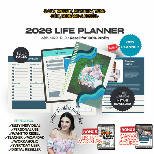 2025–2027 Digital Planner | 100+ Page Canva Template | PLR & MRR Resell Rights | ADHD Life Planner Adult | Printable Organizer Bundle