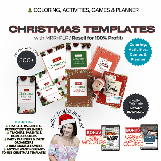 550+ Christmas Printables | Editable Canva Templates | PLR + MRR Resell Rights | Holiday Activities, Coloring, Games and Planner