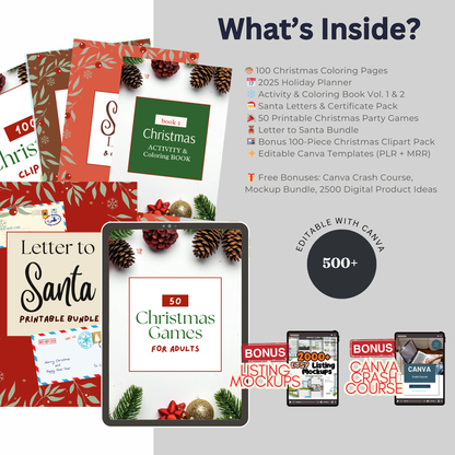 550+ Christmas Printables | Editable Canva Templates | PLR + MRR Resell Rights | Holiday Activities, Coloring, Games and Planner