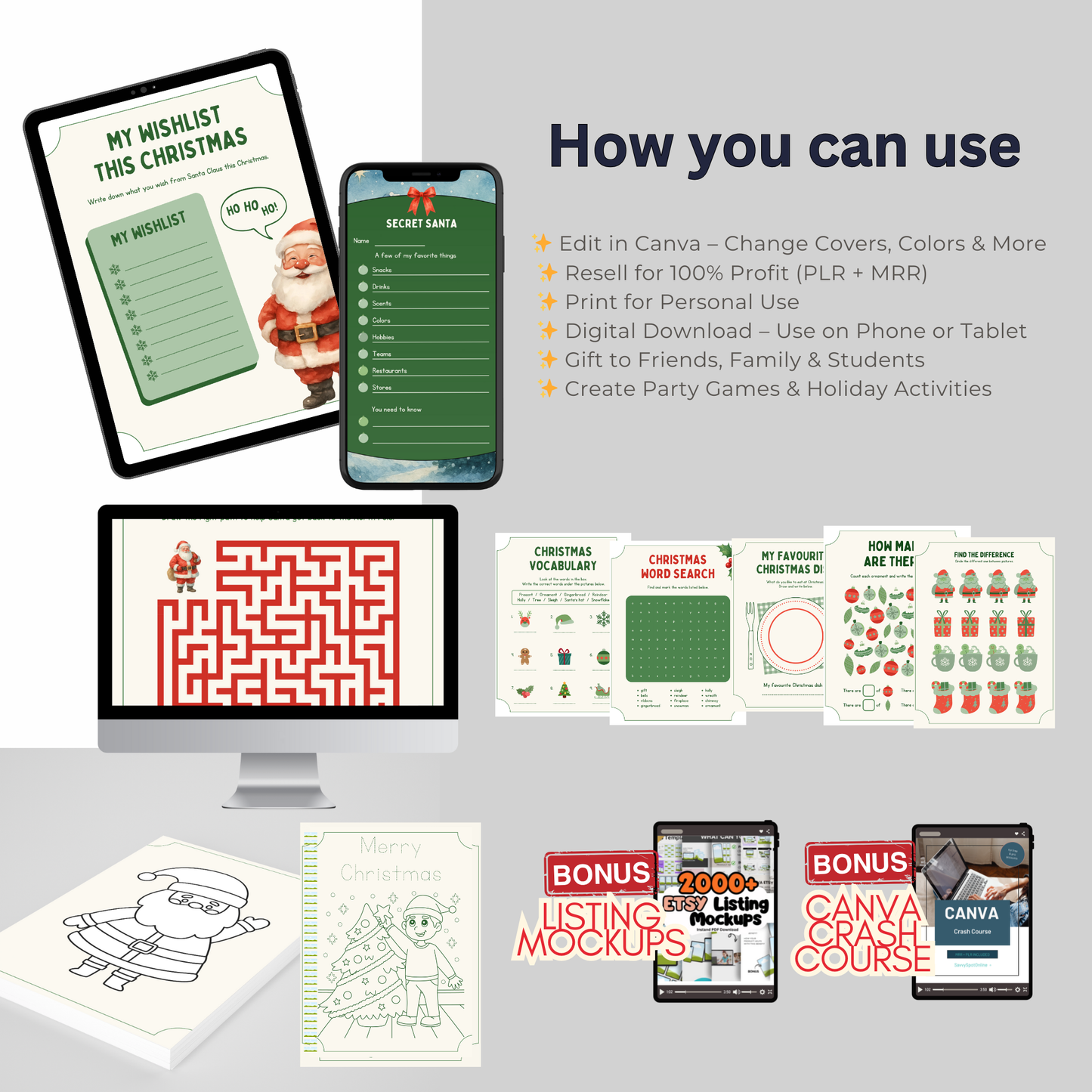 550+ Christmas Printables | Editable Canva Templates | PLR + MRR Resell Rights | Holiday Activities, Coloring, Games and Planner