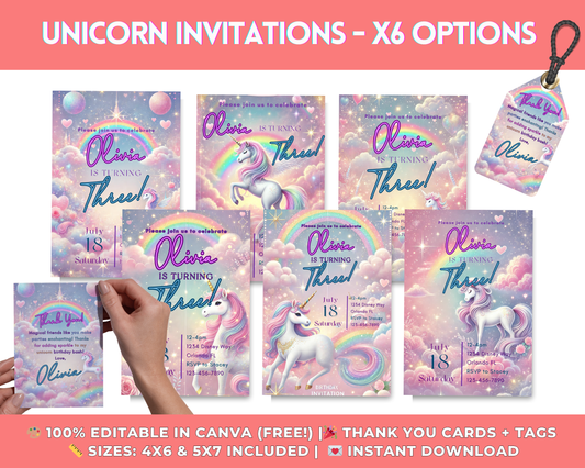 Unicorn Birthday Invitation Bundle | Pastel Rainbow Girl Party Invite | Editable Canva Template | 6 Designs + Thank You Cards & Tags