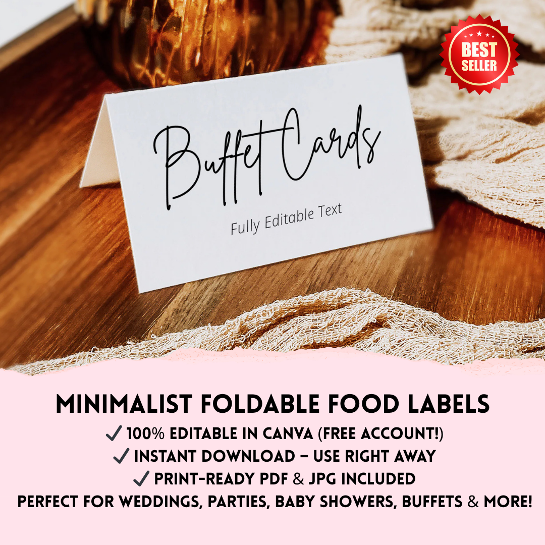 Minimalist Foldable Food Labels | Buffet Cards Printable | Editable Canva Template | Wedding, Baby Shower, Party Tables Signs | Instant down - Savvy Spot Online