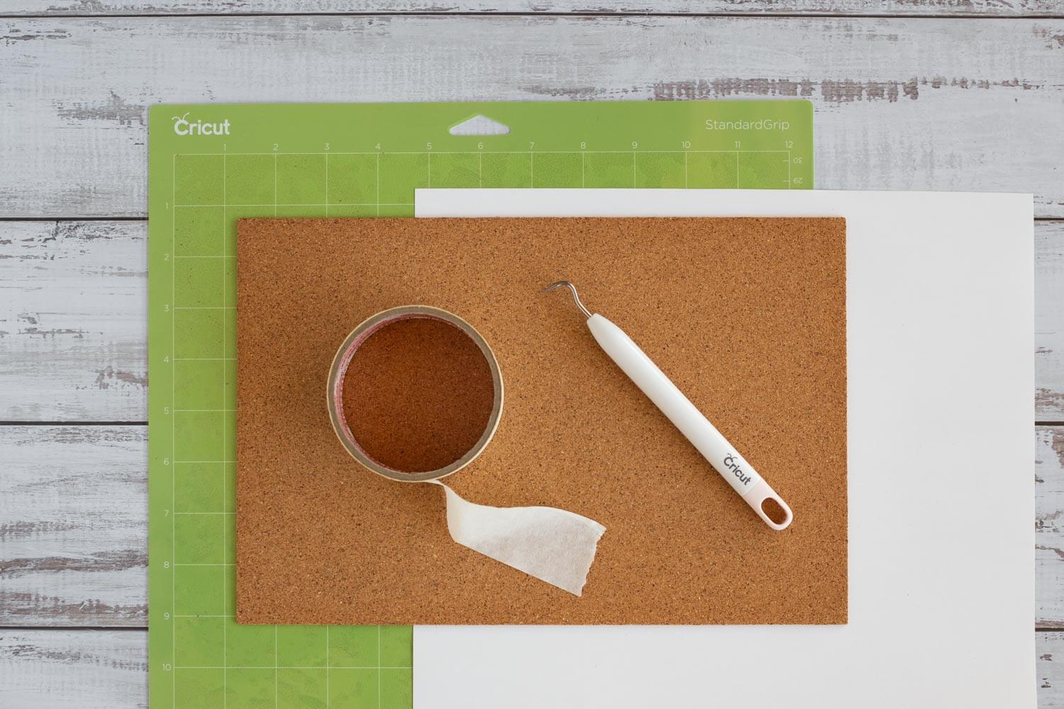 Floral Cork Coasters SVG | DIY Cricut Cut File (Instant Download) materials including cork, Cricut tools, and cutting mat.