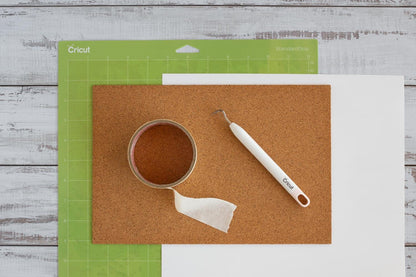 Floral Cork Coasters SVG | DIY Cricut Cut File (Instant Download) materials including cork, Cricut tools, and cutting mat.