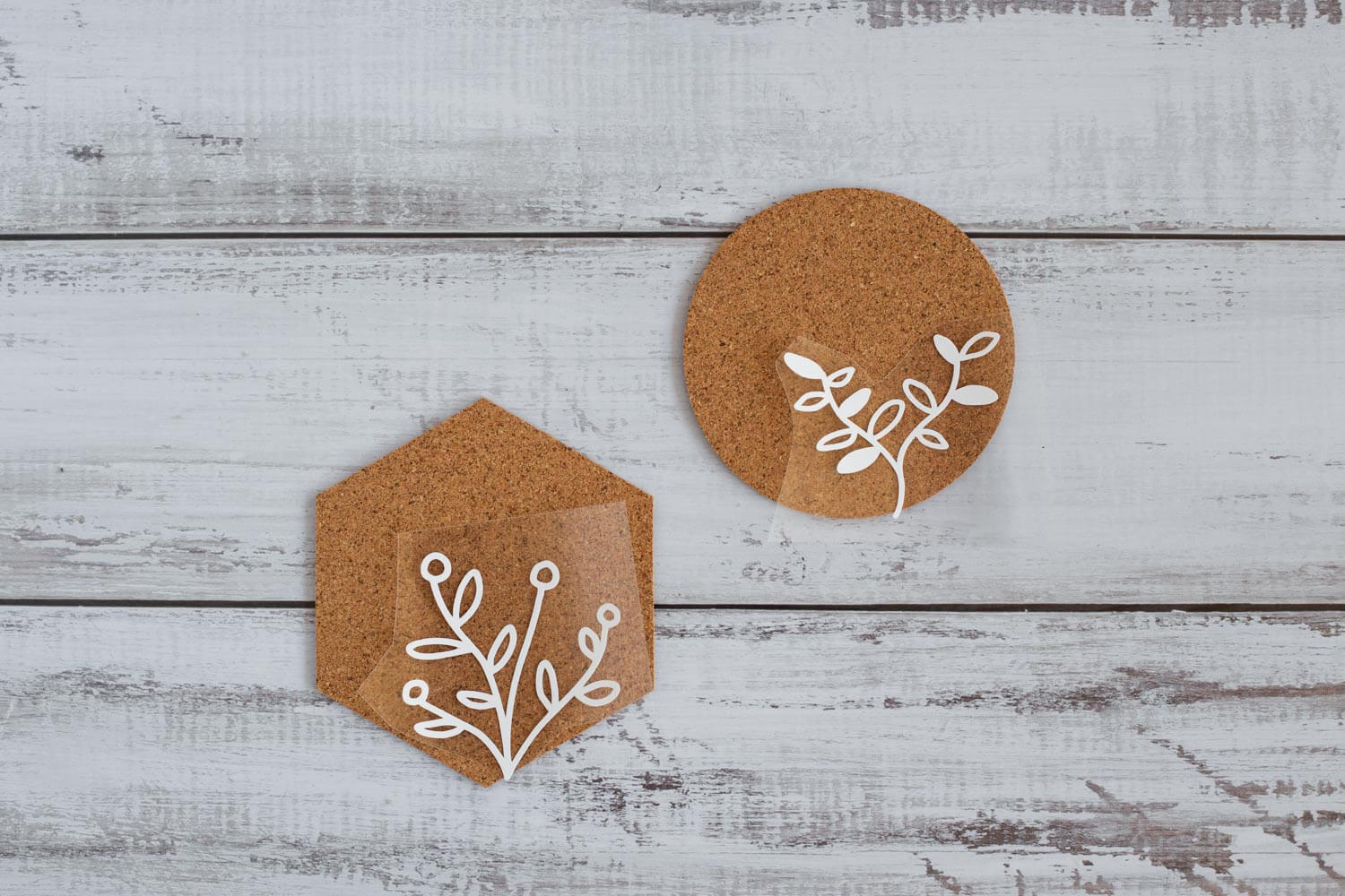 Floral Cork Coasters SVG | DIY Cricut Cut File (Instant Download) featuring hexagon and round coasters.