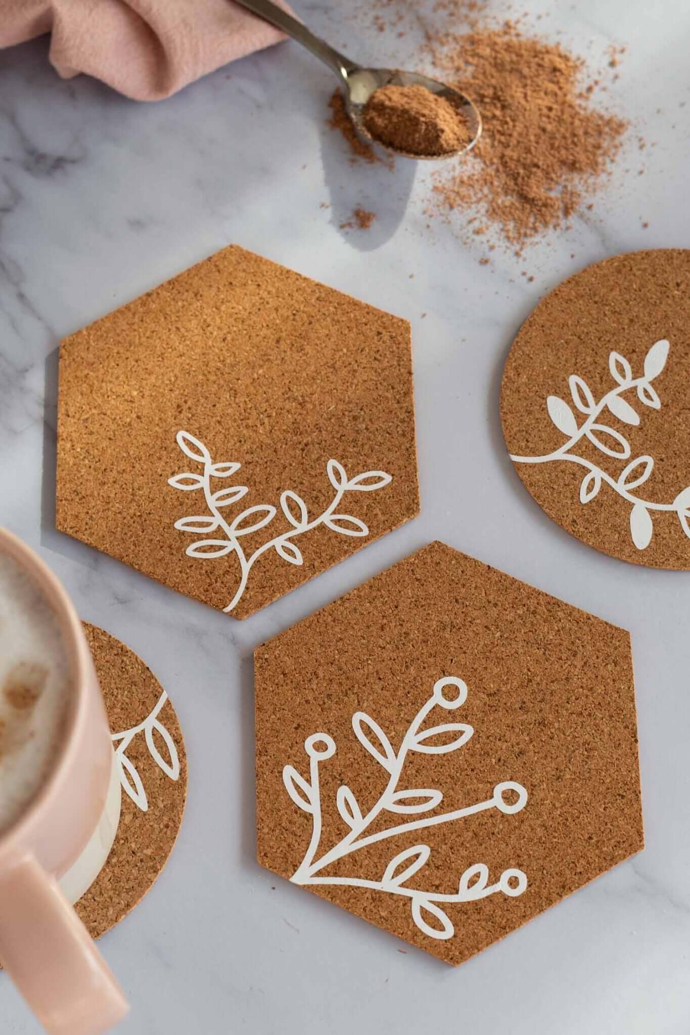 Floral Cork Coasters SVG | DIY Cricut Cut File (Instant Download) featuring stylish cork coaster designs.