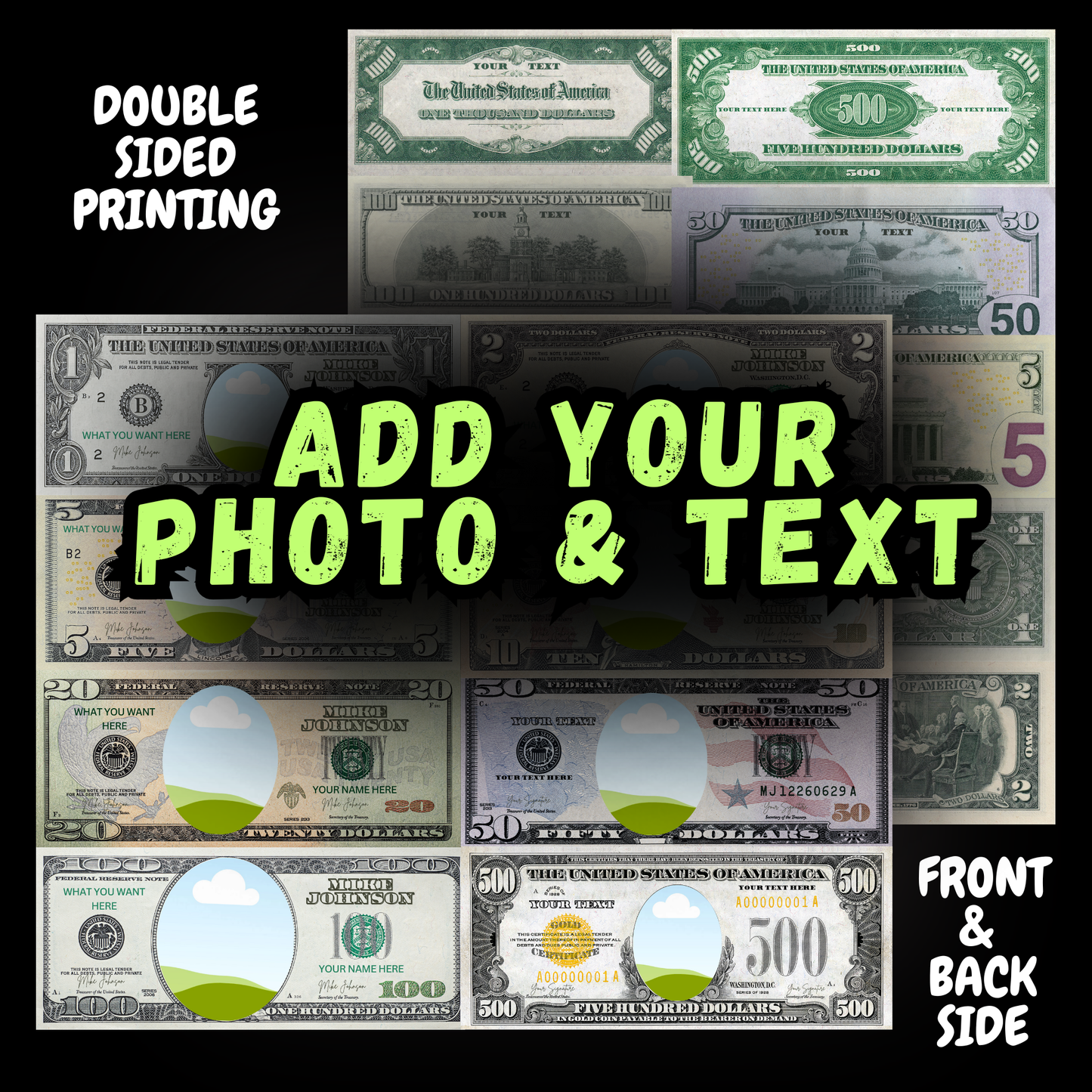 Custom Dollar Bill Template Bundle – 1, 2, 5, 10, 20, 50, 100, 500, 1000 – Editable Face on Money – Canva Printable Download