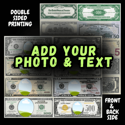 Custom Dollar Bill Template Bundle – 1, 2, 5, 10, 20, 50, 100, 500, 1000 – Editable Face on Money – Canva Printable Download