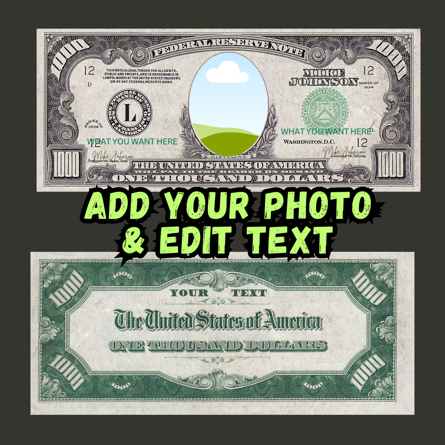 Custom Dollar Bill Template Bundle – 1, 2, 5, 10, 20, 50, 100, 500, 1000 – Editable Face on Money – Canva Printable Download