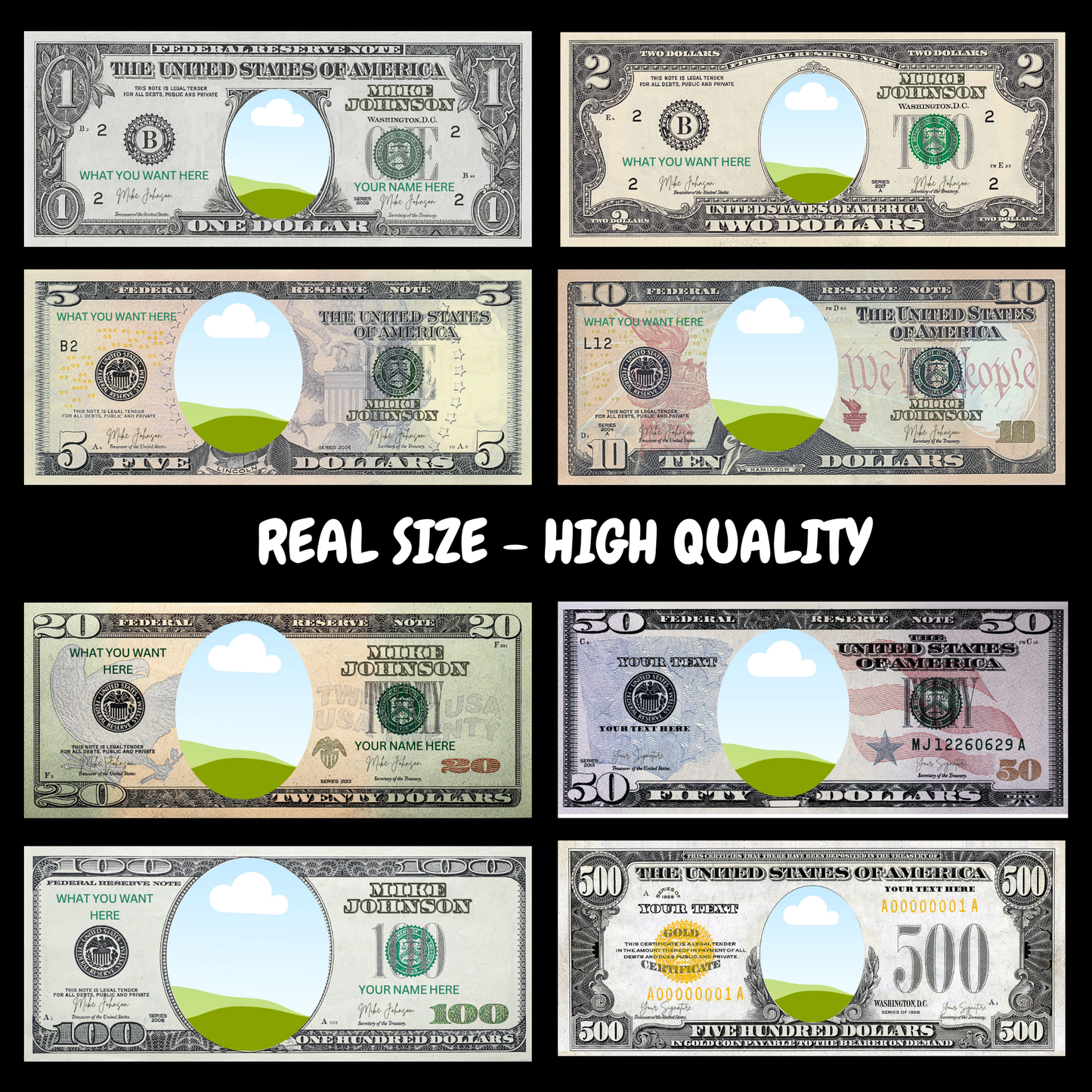 Custom Dollar Bill Template Bundle – 1, 2, 5, 10, 20, 50, 100, 500, 1000 – Editable Face on Money – Canva Printable Download