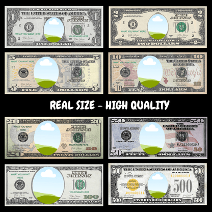 Custom Dollar Bill Template Bundle – 1, 2, 5, 10, 20, 50, 100, 500, 1000 – Editable Face on Money – Canva Printable Download
