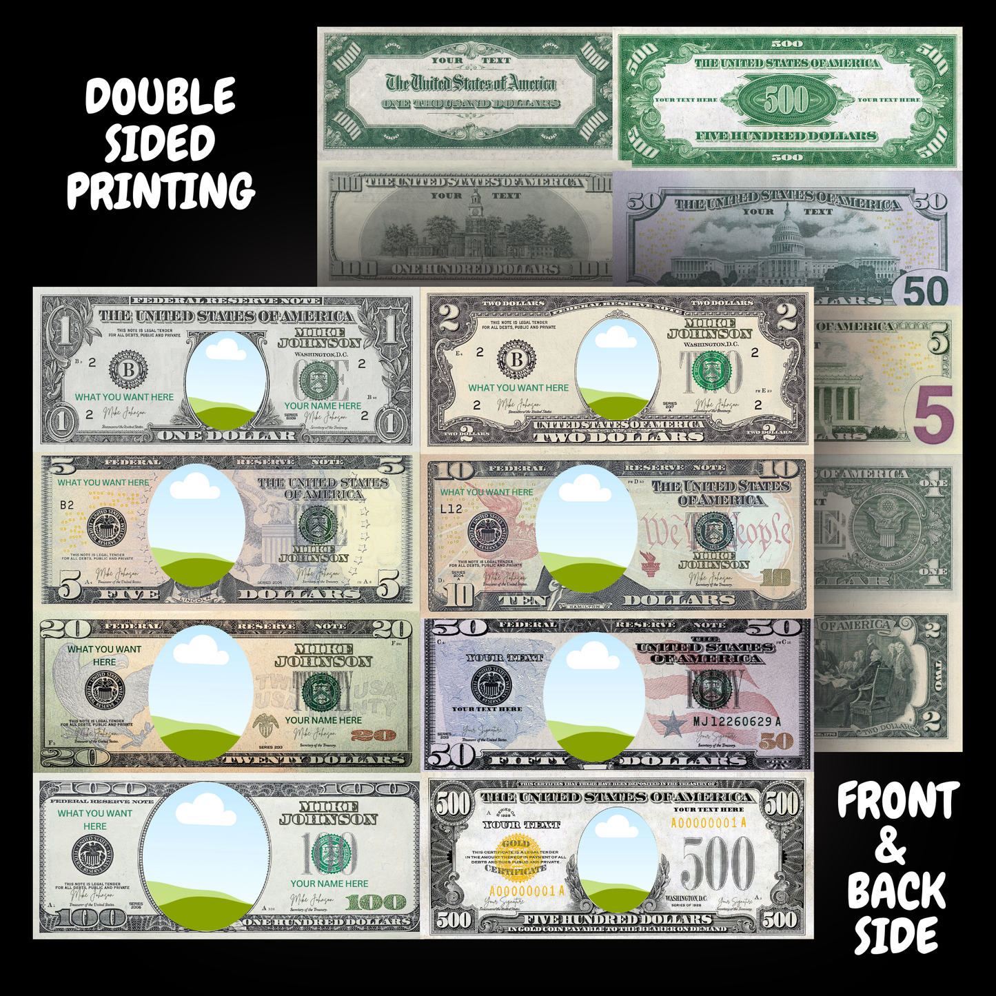 Custom Dollar Bill Template Bundle – 1, 2, 5, 10, 20, 50, 100, 500, 1000 – Editable Face on Money – Canva Printable Download