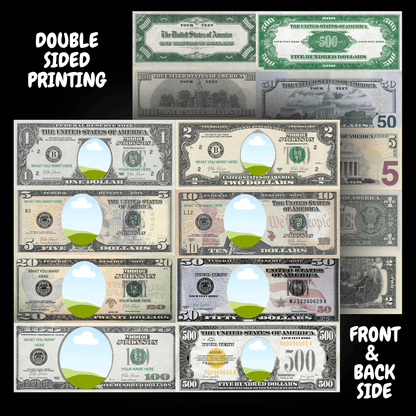 Custom Dollar Bill Template Bundle – 1, 2, 5, 10, 20, 50, 100, 500, 1000 – Editable Face on Money – Canva Printable Download