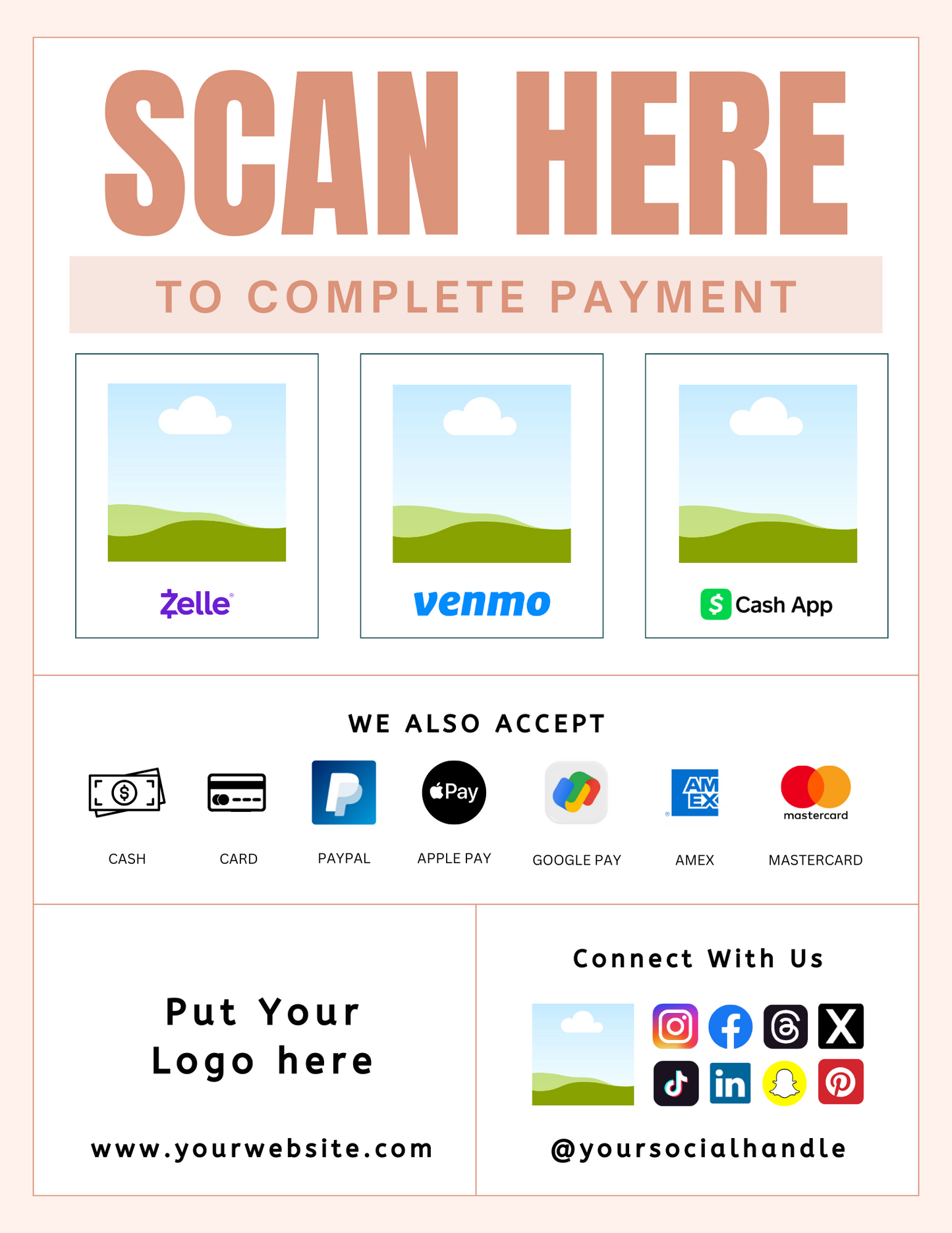 Scan To Pay Template | Editable QR Code Sign for Small Business | PayPal, Venmo, Google Pay & More | Printable Payment Sign | Canva Template