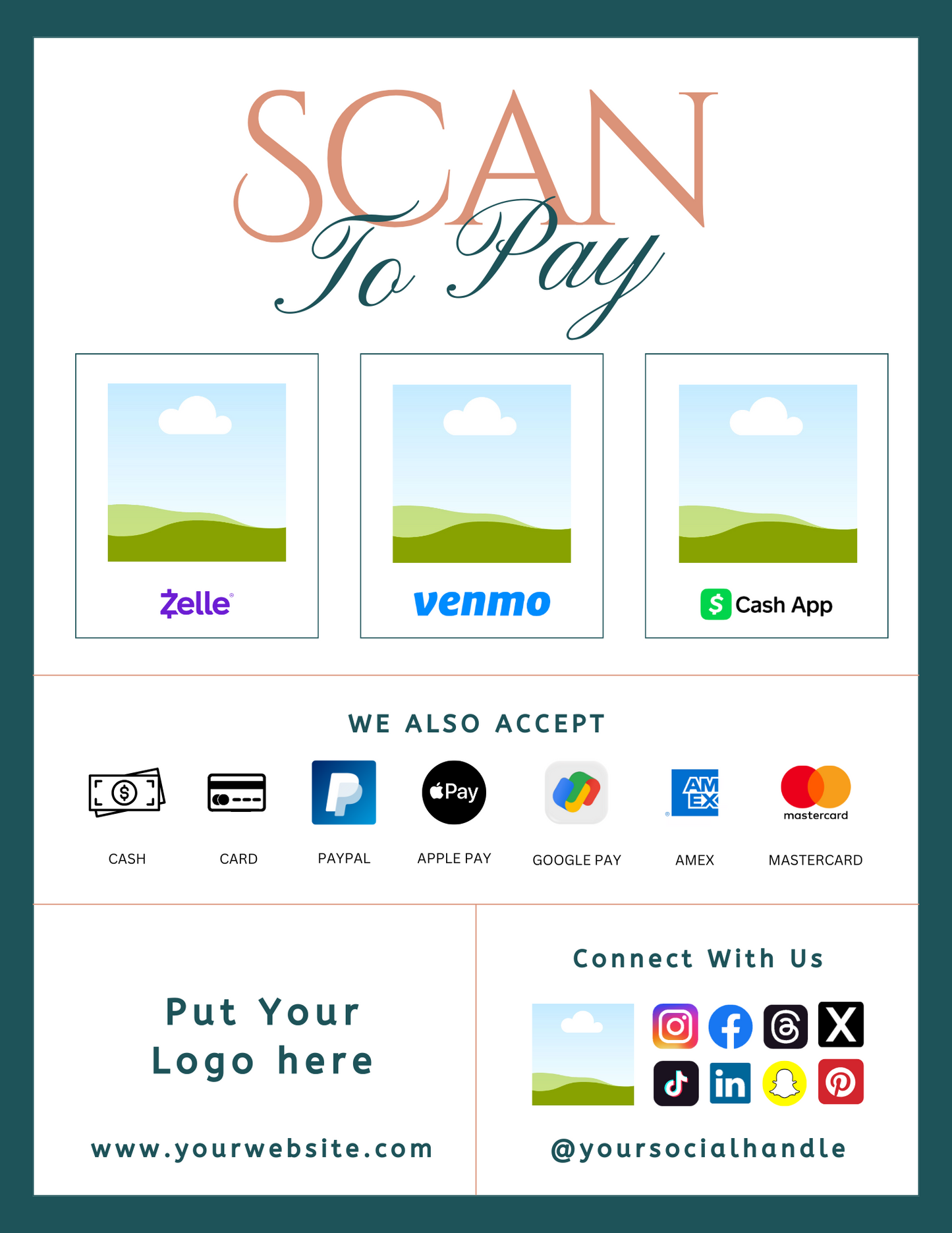 Scan To Pay Template | Editable QR Code Sign for Small Business | PayPal, Venmo, Google Pay & More | Printable Payment Sign | Canva Template