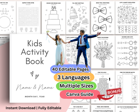 Personalized Wedding Coloring Book for Kids | 40 Editable Pages | Printable Activity Booklet | Custom Wedding Keepsake | DIY Canva Template