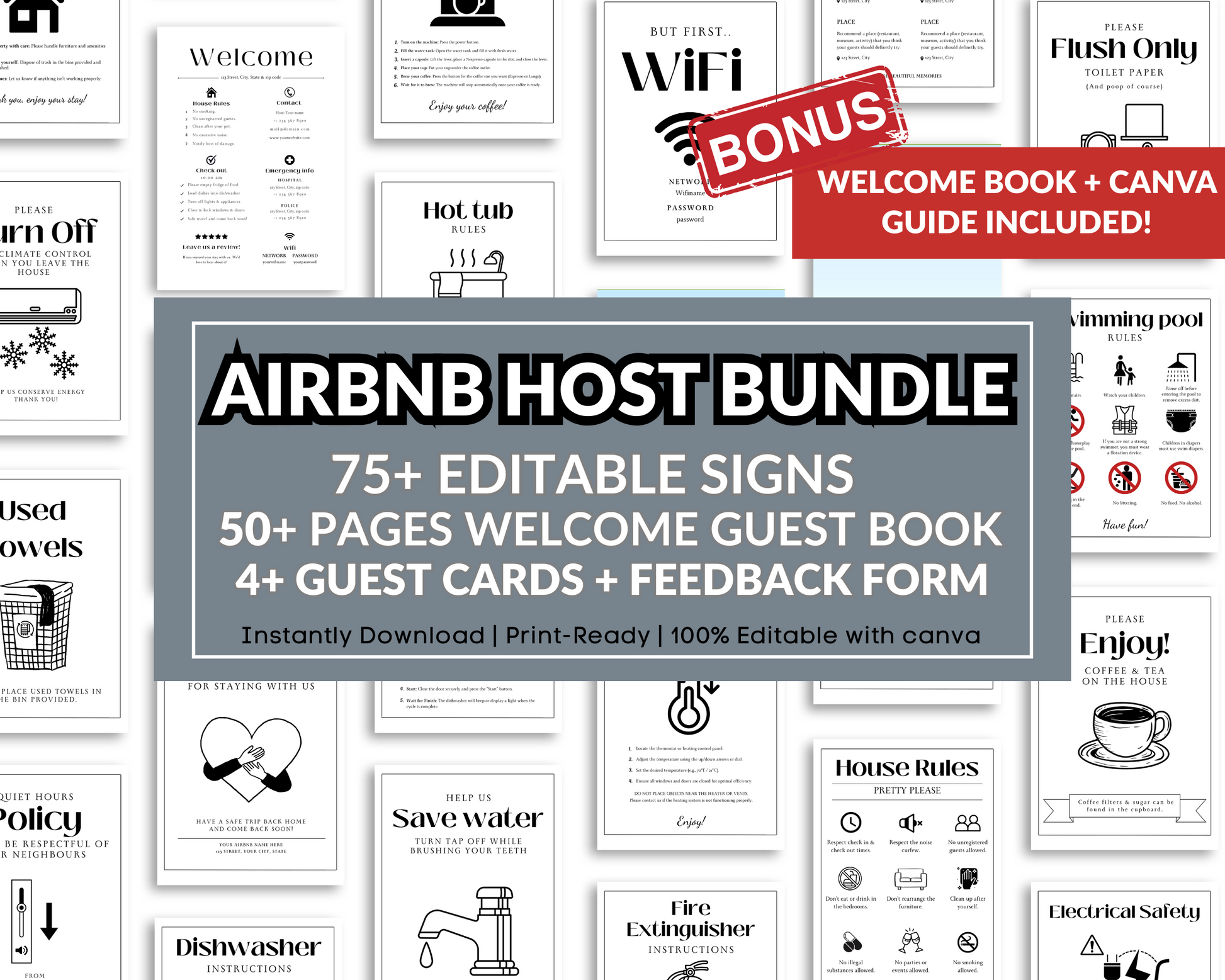 Airbnb Welcome Signs Bundle | 125+ Editable Canva Templates | House Rules, Wifi, Checkout List, Host Guide, Vacation Rental Kit - Savvy Spot Online