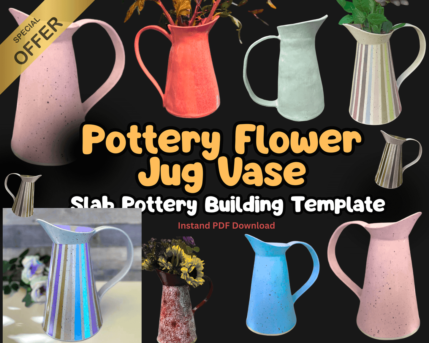 Printable Pottery Flower Jug Template with Step-by-Step Video | Slab Clay Vase Tutorial | DIY Ceramic Vase PDF