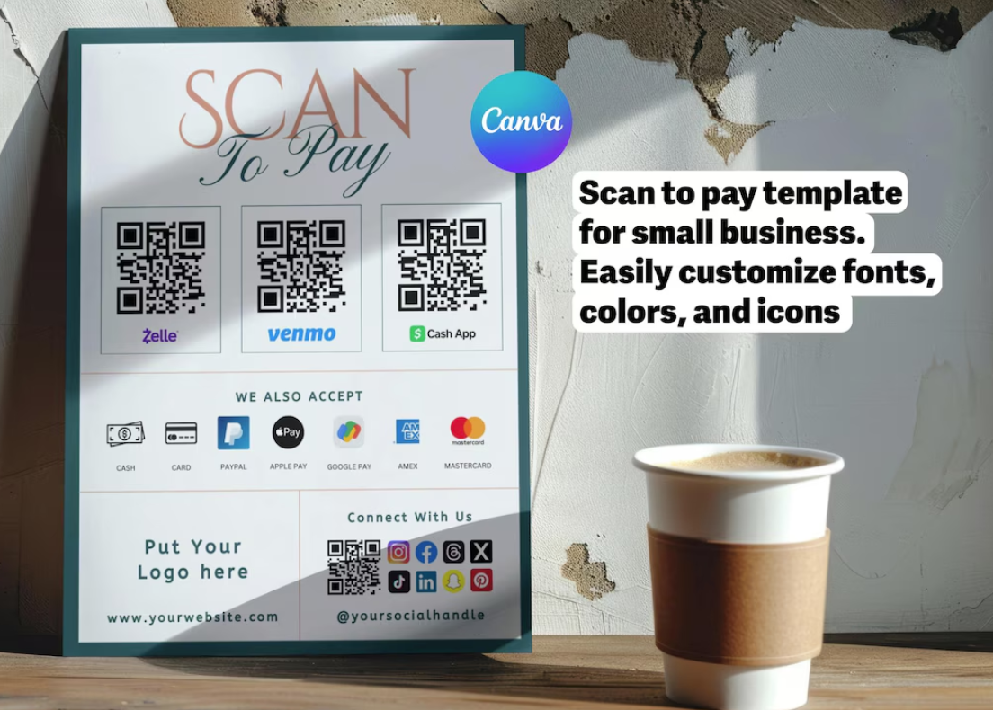 Scan To Pay Template | Editable QR Code Sign for Small Business | PayPal, Venmo, Google Pay & More | Printable Payment Sign | Canva Template