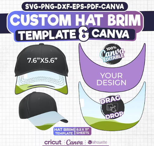 Hat Brim Template SVG | Trucker Hat Template Bundle | Baseball Cap Brim | Canva Hat Template | Cricut Hat SVG | Editable Hat Design