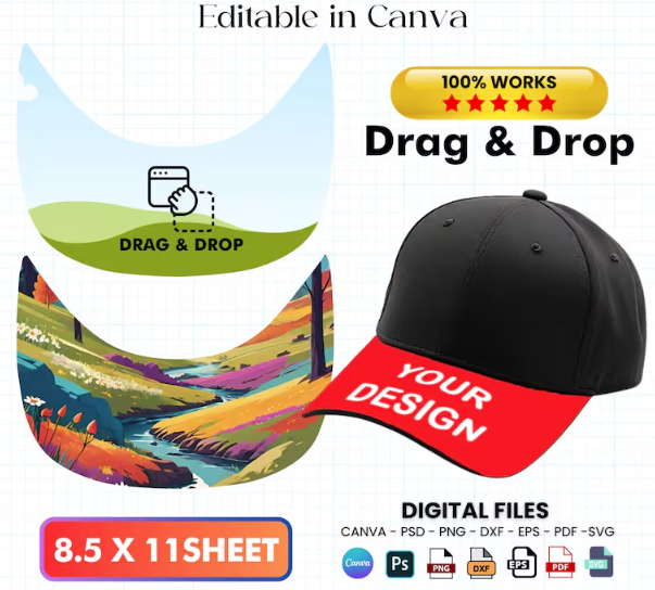 Hat Brim Template SVG | Trucker Hat Template Bundle | Baseball Cap Brim | Canva Hat Template | Cricut Hat SVG | Editable Hat Design