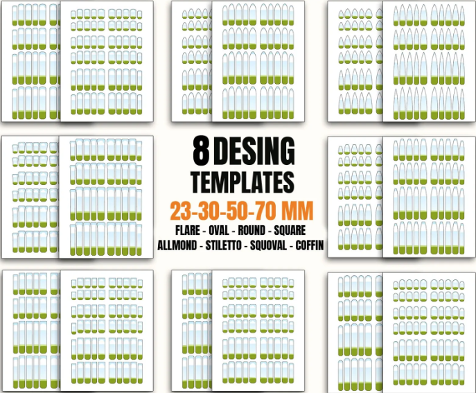 16 Nail Art Decal Canva Templates – Waterslide & Printable Nail Decal Designs, 8 Shapes, Multiple Sizes