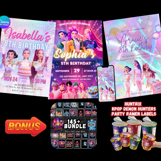 K-Pop Demon Hunters Birthday Invitation Bundle | 3 Editable Canva Templates + Bonus Ramen Labels & Huntrix SVGs | Anime Party Invite