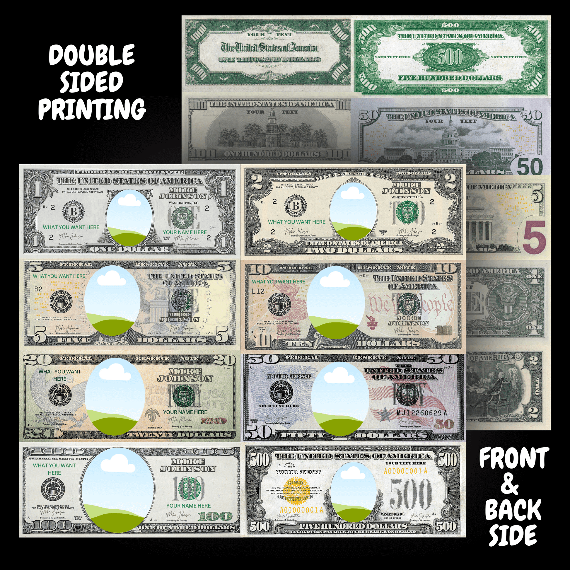 Canva editor screen showing personalized dollar bill template with custom face and text