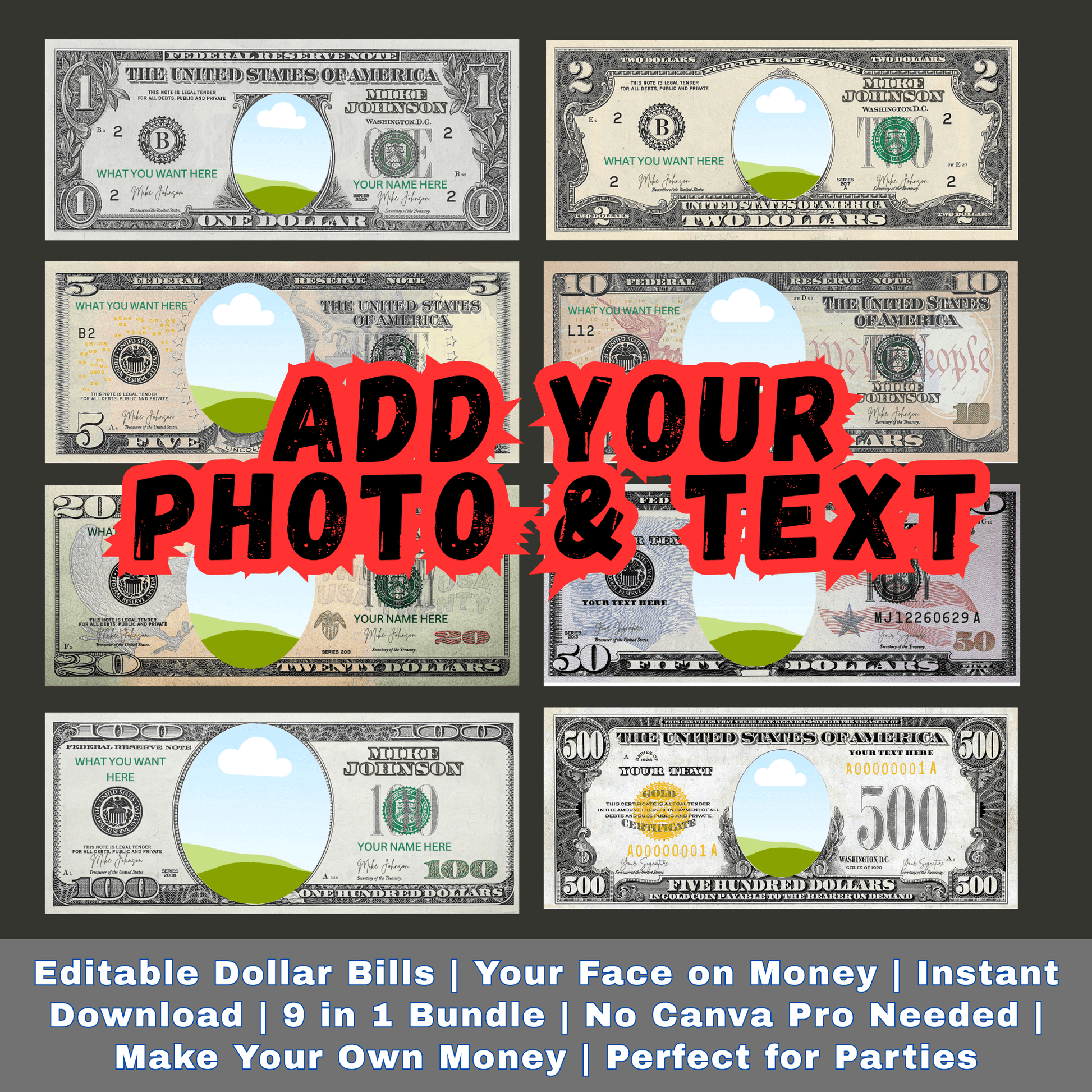 Editable elements in birthday dollar bill template including name, message and photo area