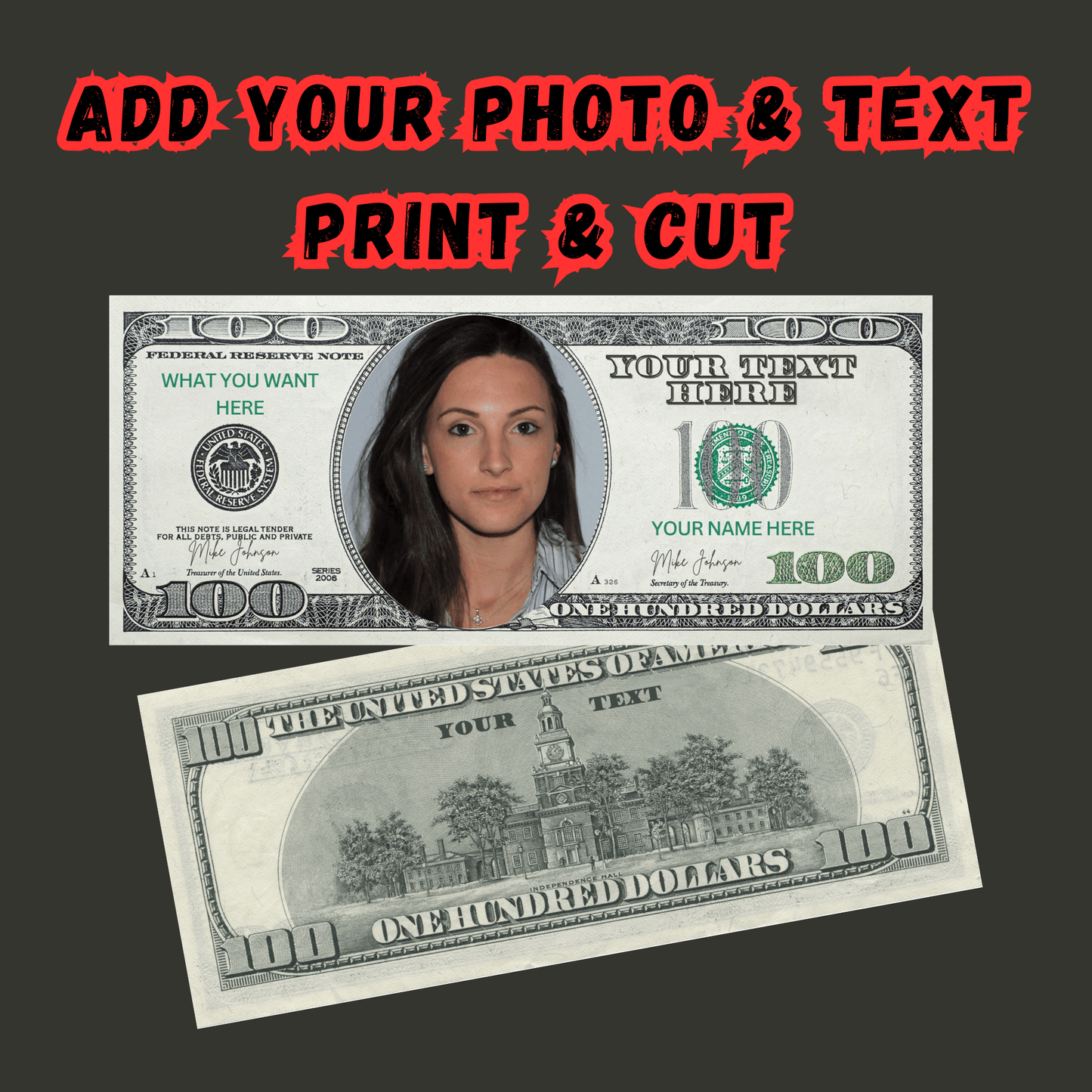 Editable dollar bill template front and back view for double sided printing in Canva