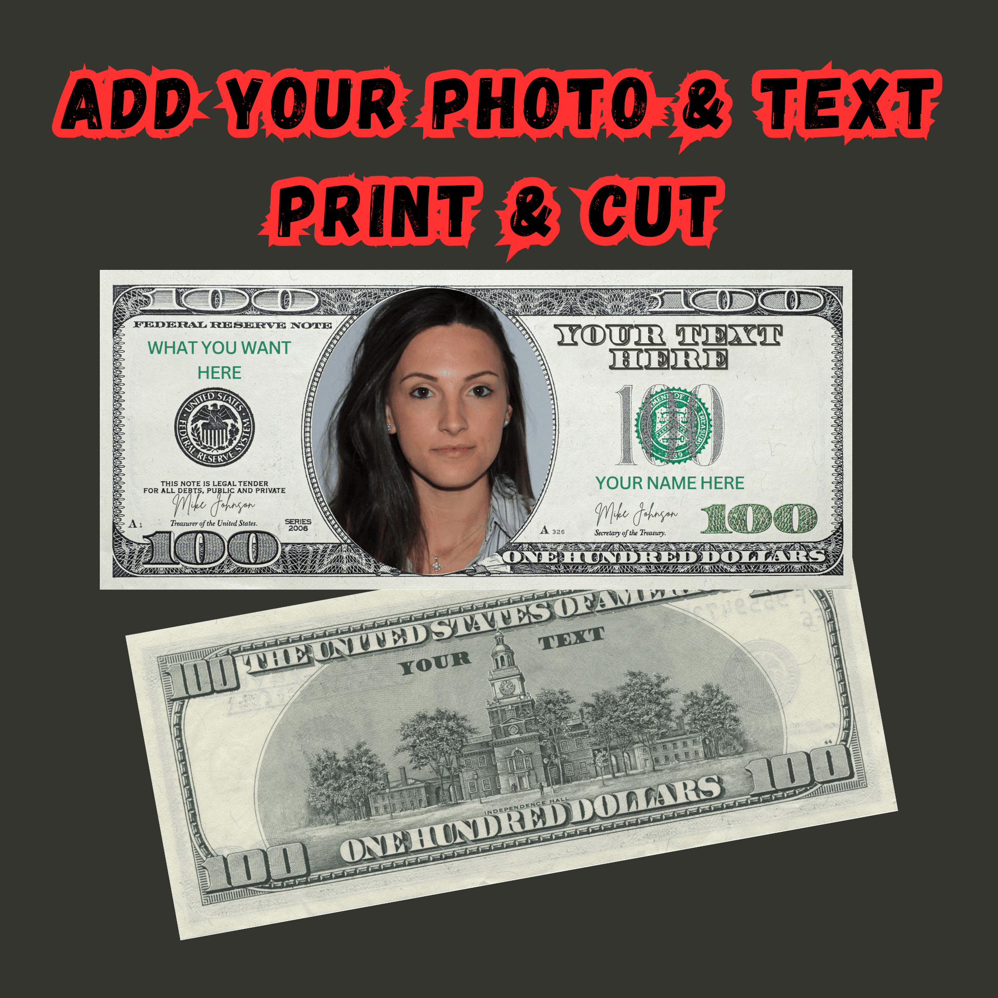 Editable dollar bill template front and back view for double sided printing in Canva