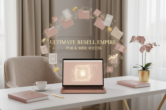 feminine luxury workspace, MacBook on clean desk, soft blush + beige tones, gold accents, floating digital folders + product icons, elegant text “Ultimate Resell Empire — PLR & MRR Access”, digital vault vibe, passive income aesthetic, minimal, soft light, high-end branding, modern entrepreneur style, high resolution