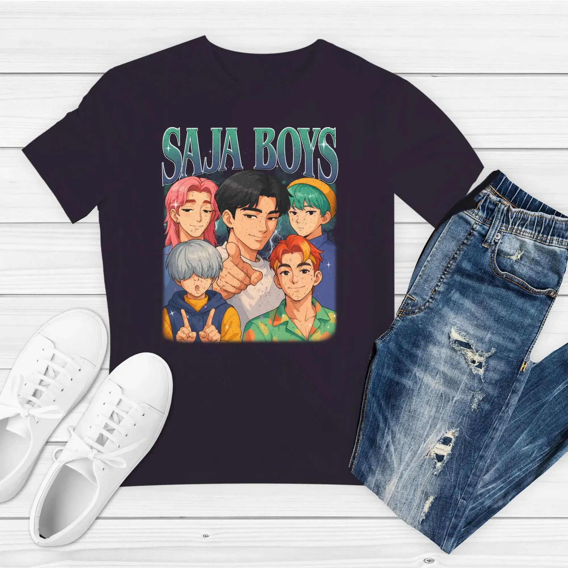 Huntrix anime-style Demon Hunters artwork shown on apparel mockup
