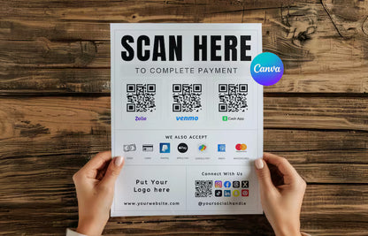 Scan To Pay Template | Editable QR Code Sign for Small Business | PayPal, Venmo, Google Pay & More | Printable Payment Sign | Canva Template