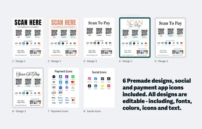 Scan To Pay Template | Editable QR Code Sign for Small Business | PayPal, Venmo, Google Pay & More | Printable Payment Sign | Canva Template