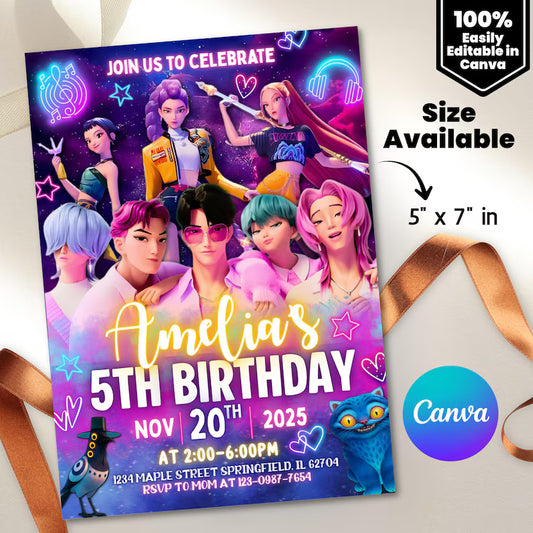 Editable K-Pop Inspired Birthday Invitation – Demon Hunters & Warriors Party Invite