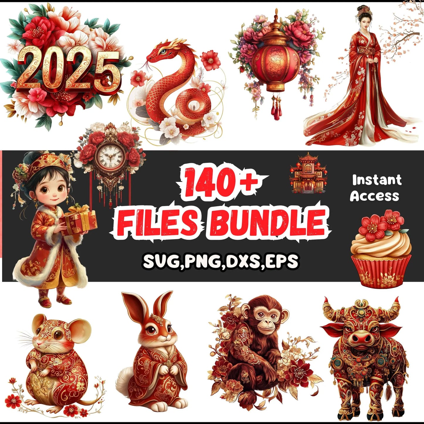 Chinese New Year 2025 SVG & Clip Art Bundle - 130 PNG Files, Lanterns, Dragons, Knots, Digital Download - Savvy Spot Online
