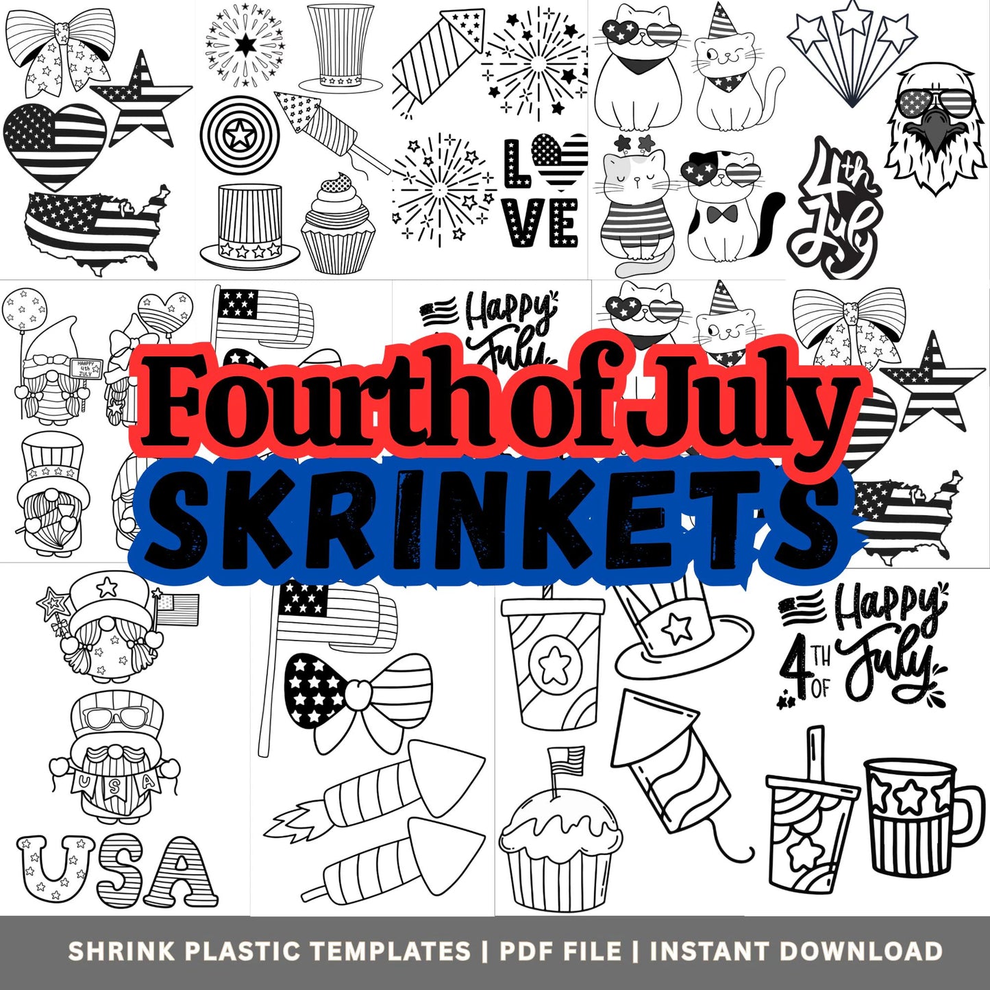 Fourth of July Shrinky Dink Templates - Shrink Plastic Designs (PDF Instant Download)