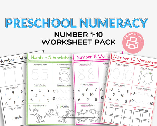 Preschool Numbers 1-10 Worksheet Pack | Printable Tracing and Counting for Toddlers & Kids | Early Learning Math | Homeschool Resource