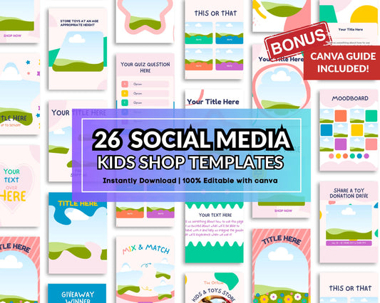 26 Kids Shop Canva Templates | Colorful Social Media Templates | Mom Business | Children Brands | Editable Canva Posts | Canva Guide Bonus